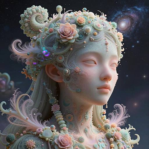 Digital CGI artwork of a serene, ethereal woman with flower-adorned headdress, intricate jewelry, and soft pastel colors, set against a