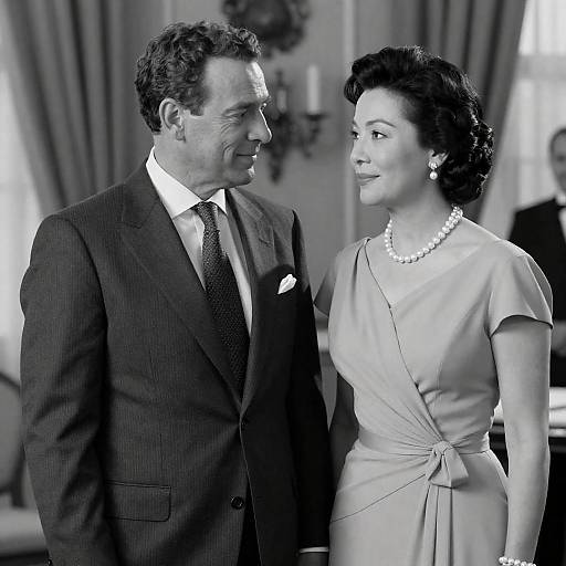 Black-and-white photograph of an older Caucasian man in a suit and tie, smiling at a smiling Caucasian woman in a elegant dress and pearl necklace, standing