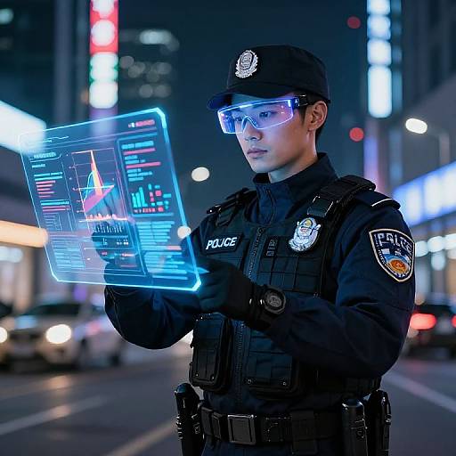 Photograph of a male police officer in dark uniform, reflective visor, and badge, holding a glowing, holographic traffic control screen in a neon