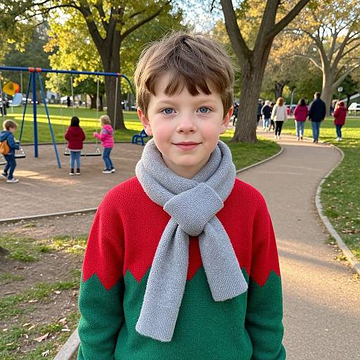 Photograph of a young boy with brown hair, blue eyes, wearing a red and green knit sweater and gray scarf, standing in a sunlit park
