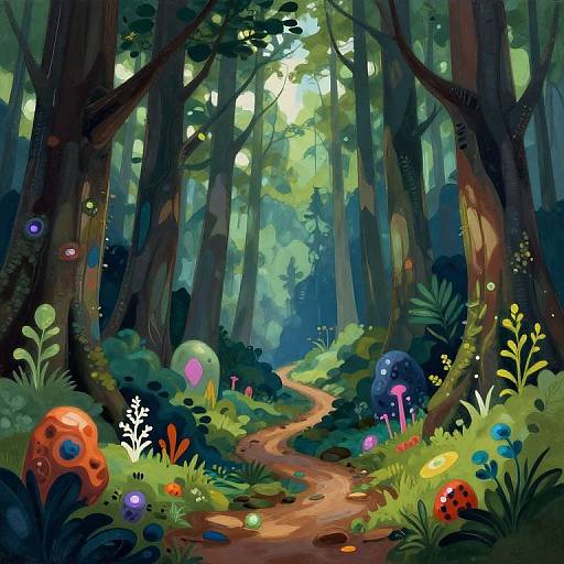 Whimsical forest illustration: colorful glowing mushrooms, red ladybugs, vibrant flowers, bioluminescent orbs, winding dirt path, tall trees,