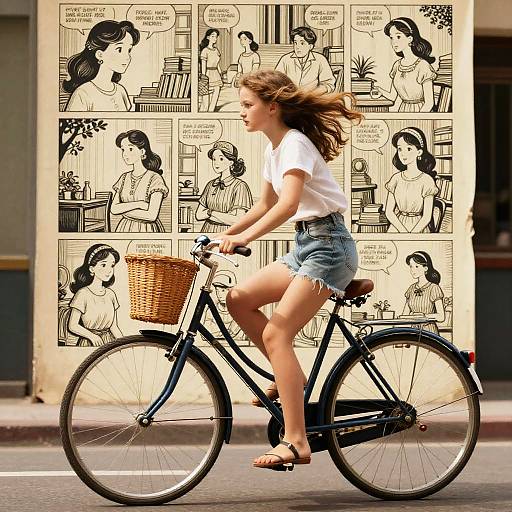 Photograph of a blonde woman in a white t-shirt and denim shorts riding a black bicycle with a wicker basket, passing a wall adorned with black
