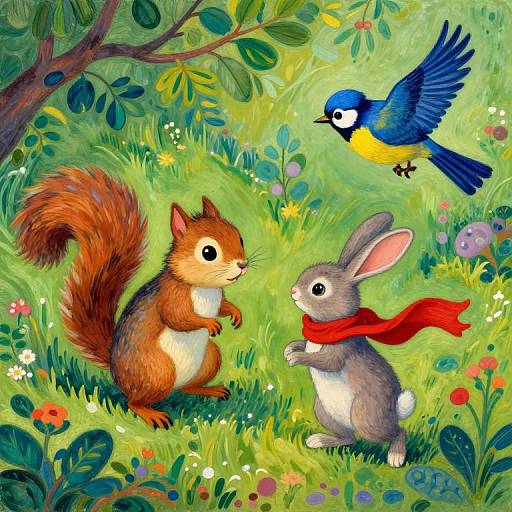 Vibrant digital illustration of a red squirrel, gray rabbit with red scarf, and blue-yellow bird in lush, colorful forest.
