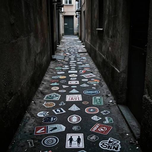 Photograph of a narrow alleyway with a cobblestone path covered in colorful urban street stickers, leading to a distant, dimly lit doorway.