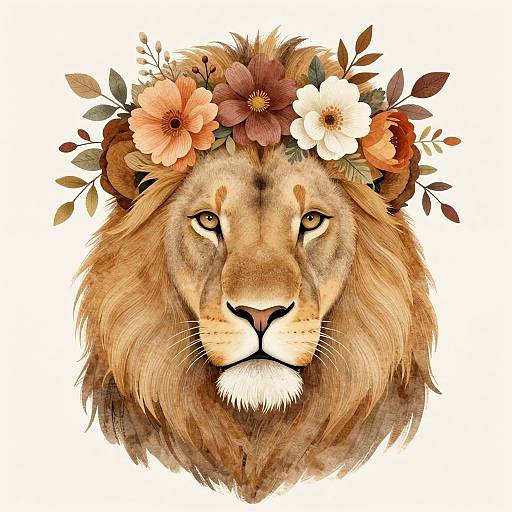 Watercolor illustration of a majestic lion's face with a floral crown, featuring orange, pink, and white flowers, against a white background.