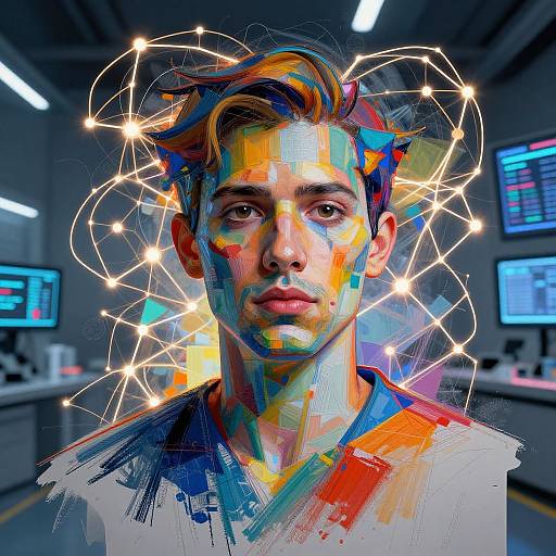 Digital art of a young man with multicolored face and hair, surrounded by glowing, orbiting lights, in a futuristic lab.