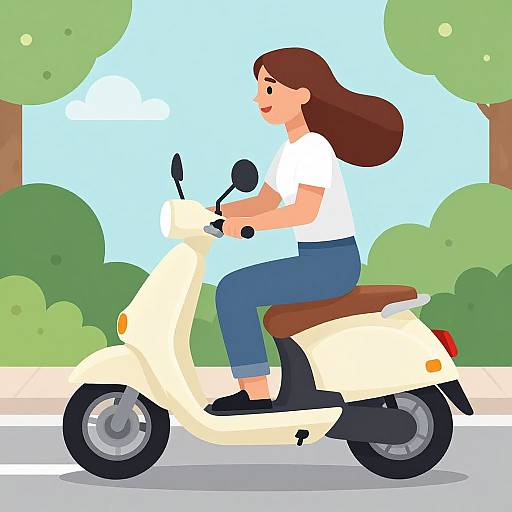 Digital illustration of a smiling woman with brown hair, wearing a white shirt and blue jeans, riding a cream-colored scooter on a sunny street with green trees
