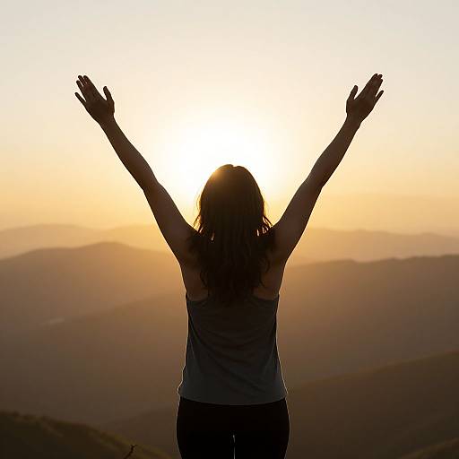 Silhouetted person with arms raised, facing sunset over mountain range, wearing casual shirt and pants. Golden sky and layered hills in background. Photograph