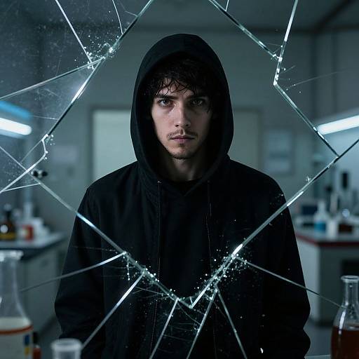 Photograph of a serious young man with pale skin and dark hair, wearing a black hooded sweatshirt, standing in front of a shattered glass window