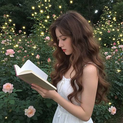 Photograph of a young woman with long, wavy brown hair, wearing a white dress, reading a book amidst glowing string lights and pink roses in