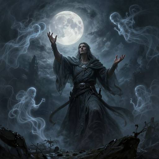 Digital art: Dark-robed, long-haired wizard under full moon, arms raised, surrounded by ethereal blue smoke spirits, amidst a spooky, cloudy