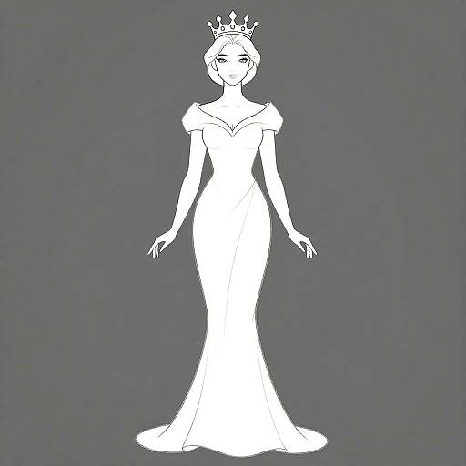 Black and white digital silhouette of a crowned woman in a long, elegant gown with a V-neck and off-the-shoulder sleeves.