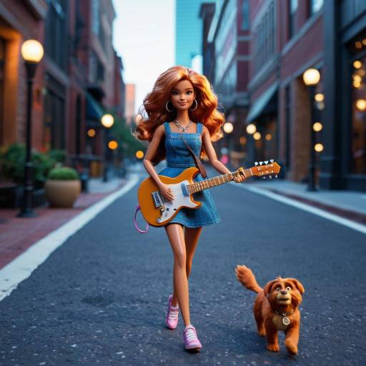 Barbie Playing Guitar Walking with Dog in Nashville Street