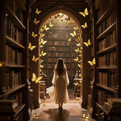 Photograph of a woman in a flowing white dress, standing in a dimly lit, arched library aisle, surrounded by glowing butterflies.