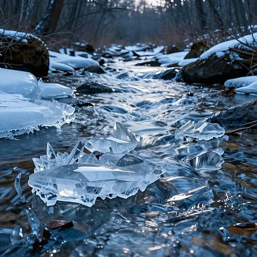 Photograph of a frozen creek with jagged, translucent ice formations in the foreground, surrounded by snow-covered rocks and trees in a winter forest.