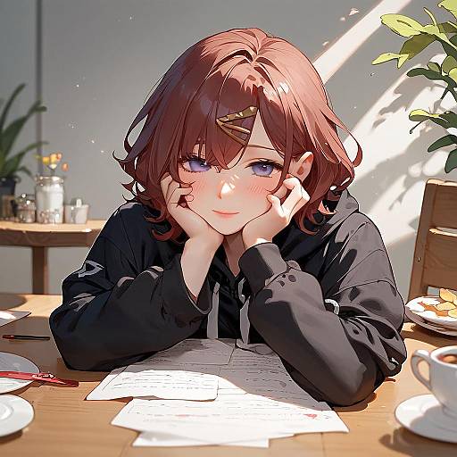 Anime Girl Sitting with Blush