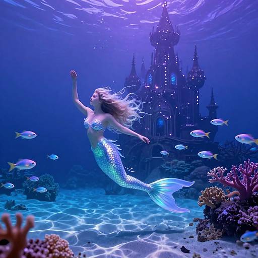 Photograph of a glowing blue mermaid with a shimmering tail, floating underwater beside a castle, surrounded by colorful fish and coral.