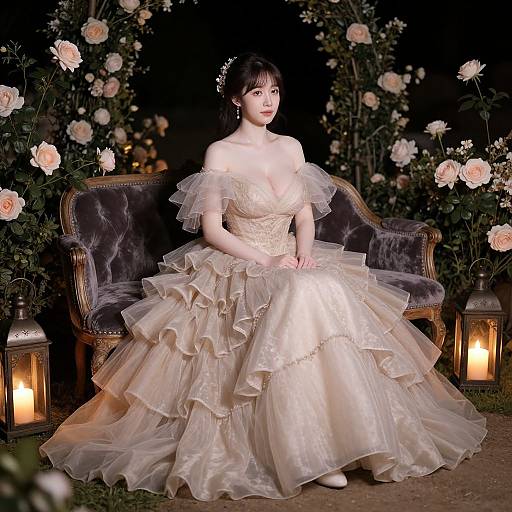Photograph of an Asian woman in a pale, off-shoulder, ruffled ball gown, seated on a velvet chair amidst blooming roses,
