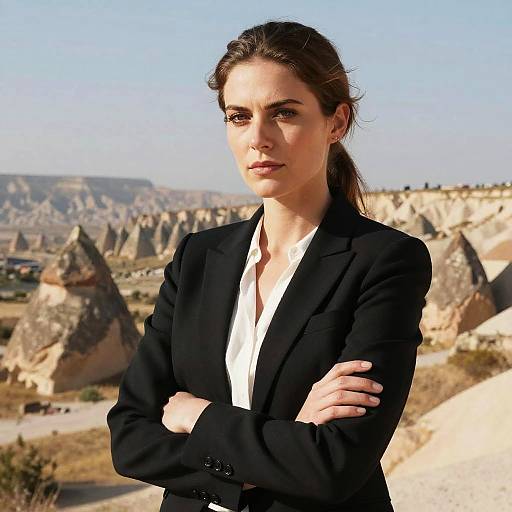 Photograph of a confident woman with light skin, brown hair in a ponytail, wearing a black blazer and white shirt, standing with arms crossed