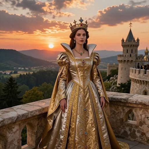 Photograph-style digital art of a regal woman in a golden, ornate medieval gown and crown, standing on a castle balcony at sunset with a