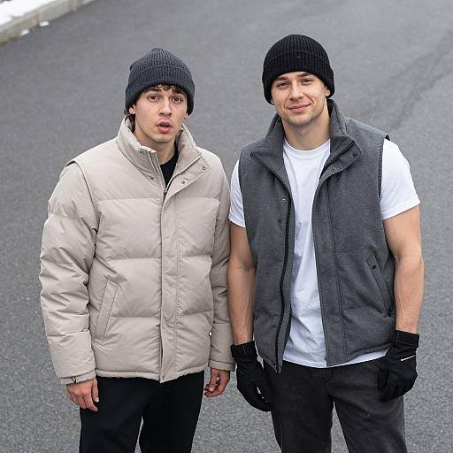 Two Men in Winter Apparel on Pavement