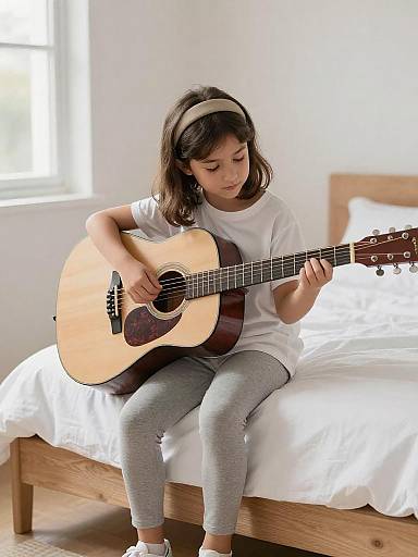 Young Girl Playing Guitar on Bed