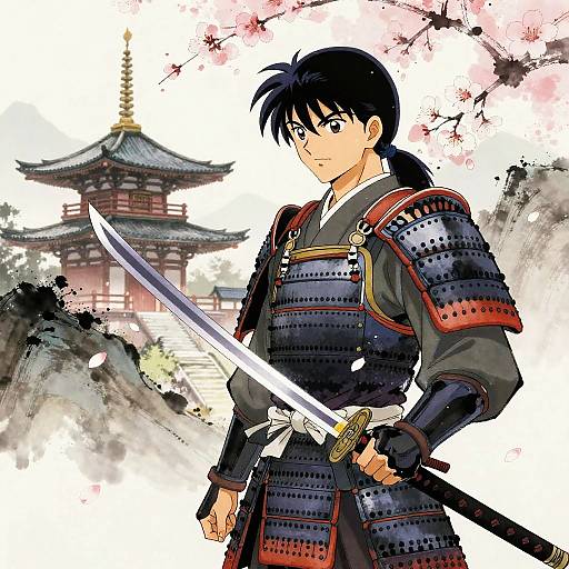Anime-style drawing of a determined young samurai with black hair, wearing traditional armor, holding a katana, standing before a cherry blossom tree and traditional