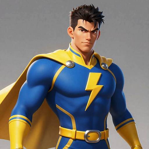 Fierce Young Warrior in Blue and Yellow Superhero Suit