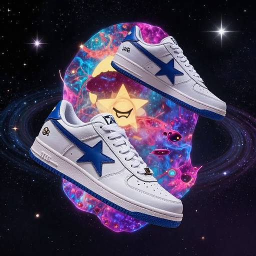 Photograph of white high-top sneakers with blue stars and stripes, floating in space against a colorful nebula and glowing yellow star.