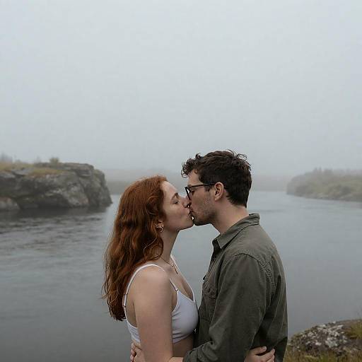 Romantic Kiss by a Foggy River