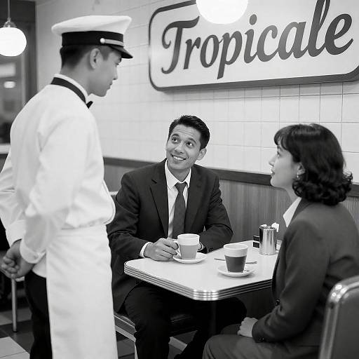 Black and White Diner Scene with Waiter and Customers