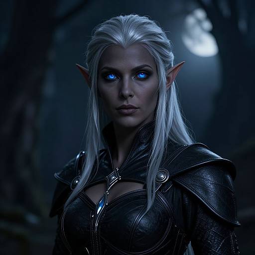 Digital artwork of a silver-haired, blue-eyed elven woman with pointed ears, wearing dark, metallic armor, glowing under a moonlit forest.