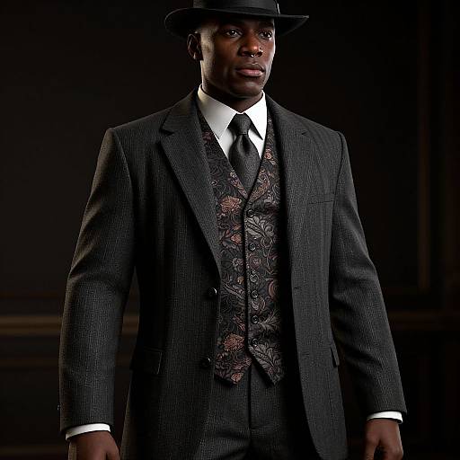 Photograph of a Black man in a dark pinstripe suit, floral waistcoat, white shirt, black tie, and black hat, standing against