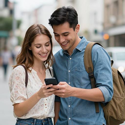 Photograph of a smiling young couple, brown-haired woman in white lace blouse, brown-haired man in blue shirt, both looking at a phone, standing