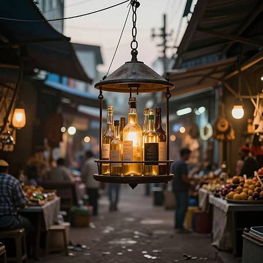 Photograph of a dimly lit, bustling outdoor market with a hanging lantern illuminating bottles, surrounded by vendors and fruit stalls.