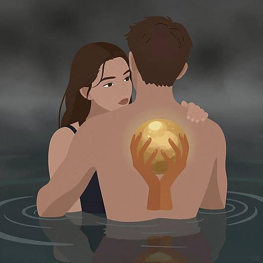 Intimate Embrace with Golden Sphere in Misty Water
