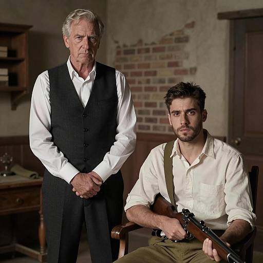 Two Men in Rustic Room with Rifle