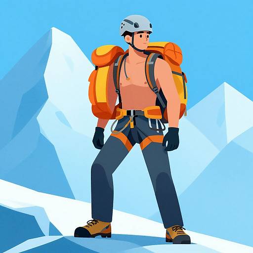 Digital illustration of a shirtless, muscular male hiker with orange backpack, helmet, gloves, dark pants, and boots, standing against icy blue mountains