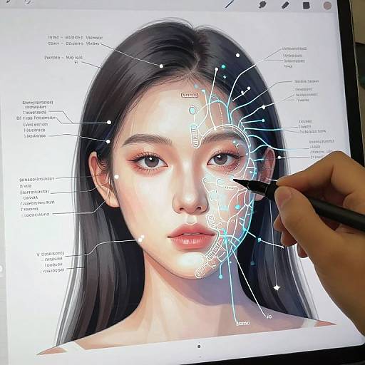 Digital illustration of a young Asian woman's face with labeled facial features and a hand drawing on her right cheek.