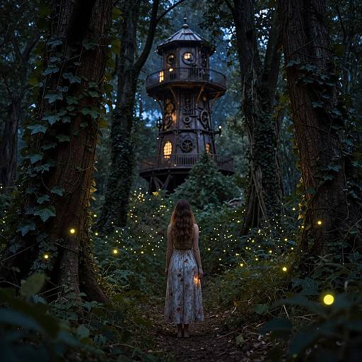 Photograph of a girl in a white dress holding a candle, walking toward a glowing, fairy-lit, treehouse in a dark forest.