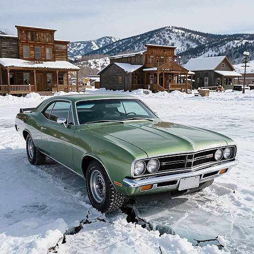 Photograph of a vintage green muscle car parked on snowy ground in front of rustic wooden cabins with snow-covered mountains in the background.