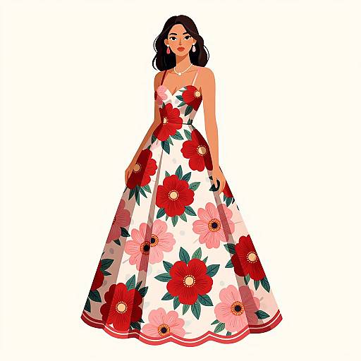 Digital illustration of a dark-haired woman wearing a strapless, white floral dress with large red and pink flowers, standing against a white background.
