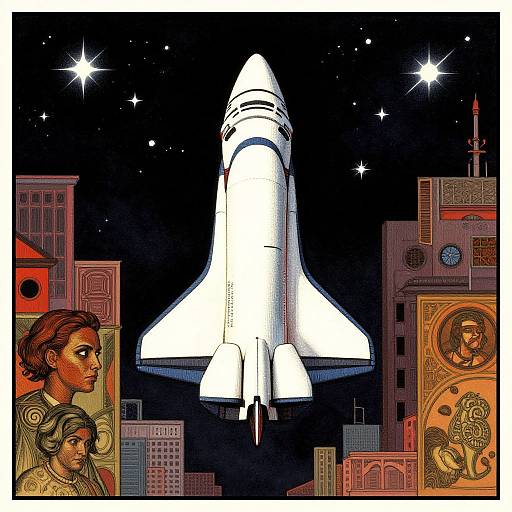 Illustration of a white space shuttle launching against a starry night sky, surrounded by colorful, stylized city buildings and portraits.