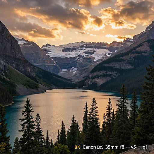 Photograph of a serene mountain lake at sunset, surrounded by evergreen trees, with snow-capped peaks and a dramatic cloudy sky. Watermark: