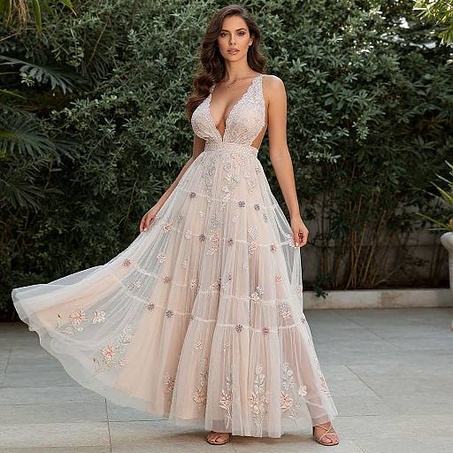 Photograph of a brunette woman with long hair in a white, deep V-neck, lace and tulle dress, standing in a lush green garden.