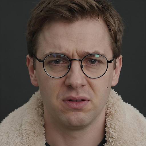 Portrait of tense young man in round glasses