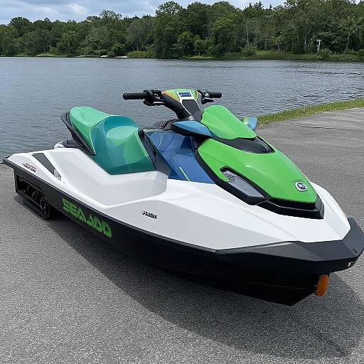 Photograph of a sleek, white and green jet ski with black accents, parked on a gravel lakeside shore, surrounded by lush green trees under a