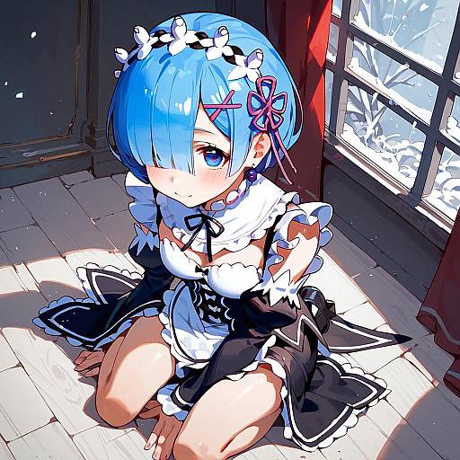 Anime Maid Character with Blue Hair Kneeling Indoors