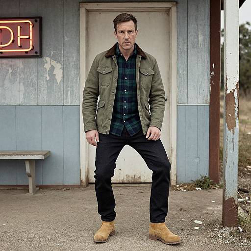 Photograph of a rugged, middle-aged man with short brown hair, wearing a green military jacket, dark plaid shirt, black pants, and tan