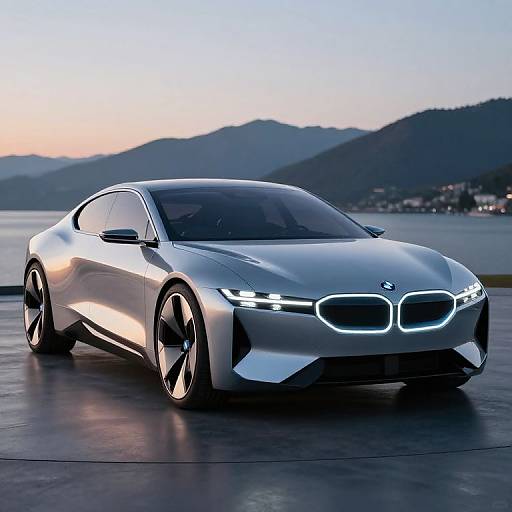 Photograph of a sleek, silver BMW concept car with glowing headlights, parked on a concrete surface near a calm lake and mountainous backdrop at sunset.